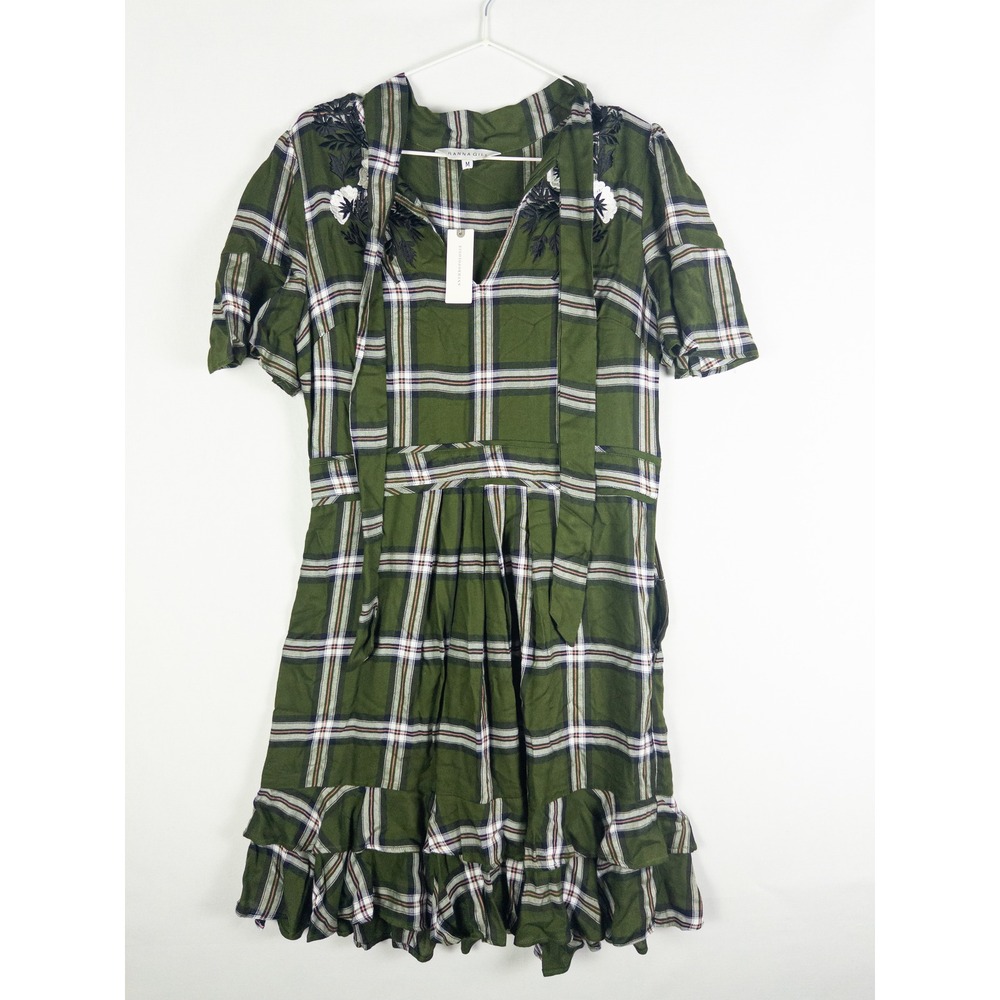 Ranna Gill Anthropologie Embroidered Plaid Mini Dress Womens M Green Boho Cottag